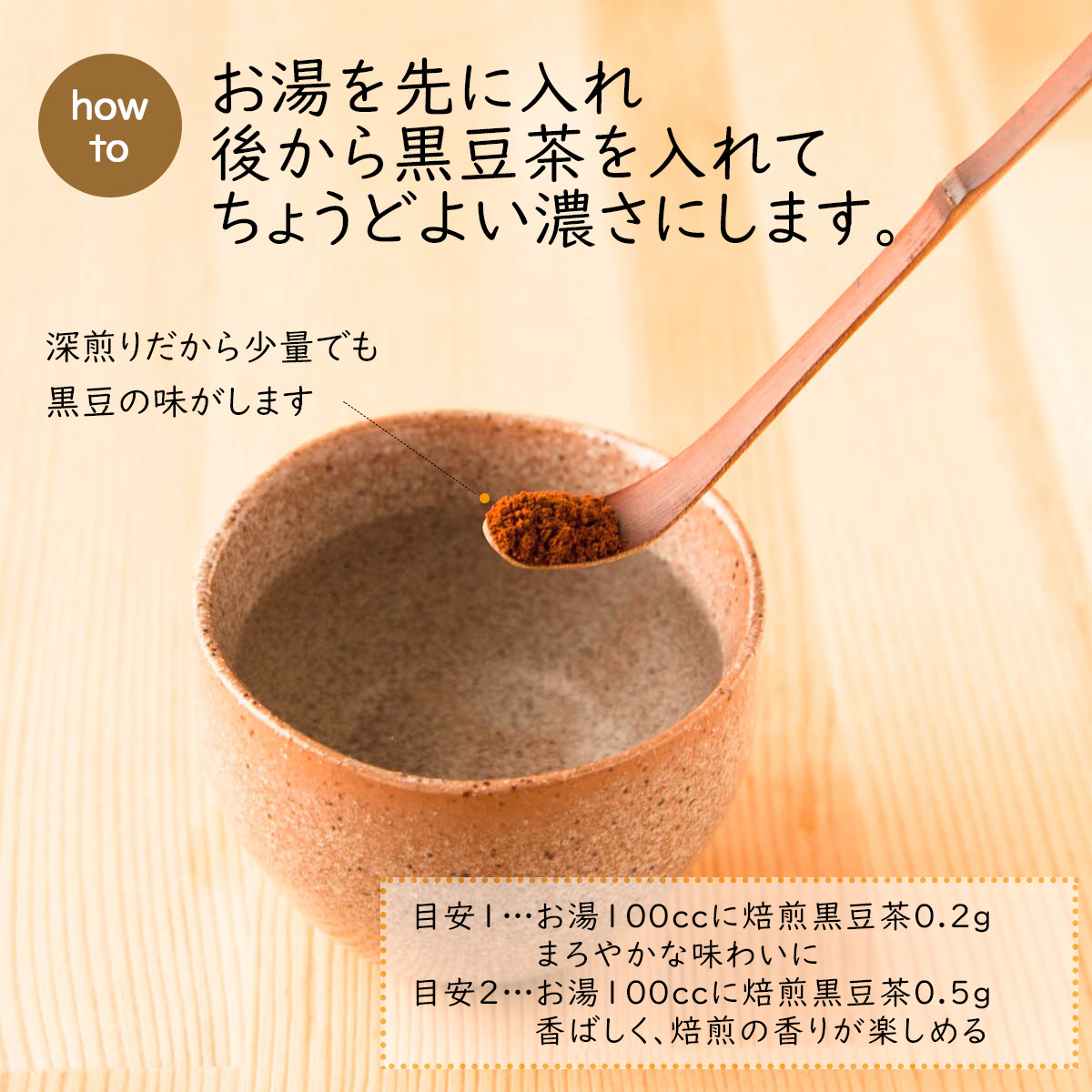 howtoお湯を先に入れ後から黒豆茶を入れてちょうどよい濃さにします。深煎りだから少量でも黒豆の味がします目安1…お湯100ｃｃに焙煎黒豆茶0.2ｇまろやかな味わいに目安2…お湯100ｃｃに焙煎黒豆茶0.5ｇ香ばしく、焙煎の香りが楽しめる