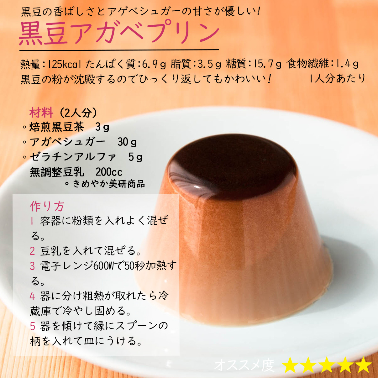 黒豆アガベプリン黒豆の香ばしさとアゲベシュガーの甘さが優しい!熱量：125kcal たんぱく質：6.9ｇ 脂質：3.5ｇ 糖質：15.7ｇ 食物繊維：1.4ｇ1人分あたり黒豆の粉が沈殿するのでひっくり返してもかわいい! 材料（2人分）焙煎黒豆茶　3ｇアガベシュガー　30ｇゼラチンアルファ　5ｇ無調整豆乳　200cc。きめやか美研商品作り方1 容器に粉類を入れよく混ぜる。2 豆乳を入れて混ぜる。3 電子レンジ600Wで50秒加熱する。4 器に分け粗熱が取れたら冷蔵庫で冷やし固める。5 器を傾けて縁にスプーンの柄を入れて皿にうける。