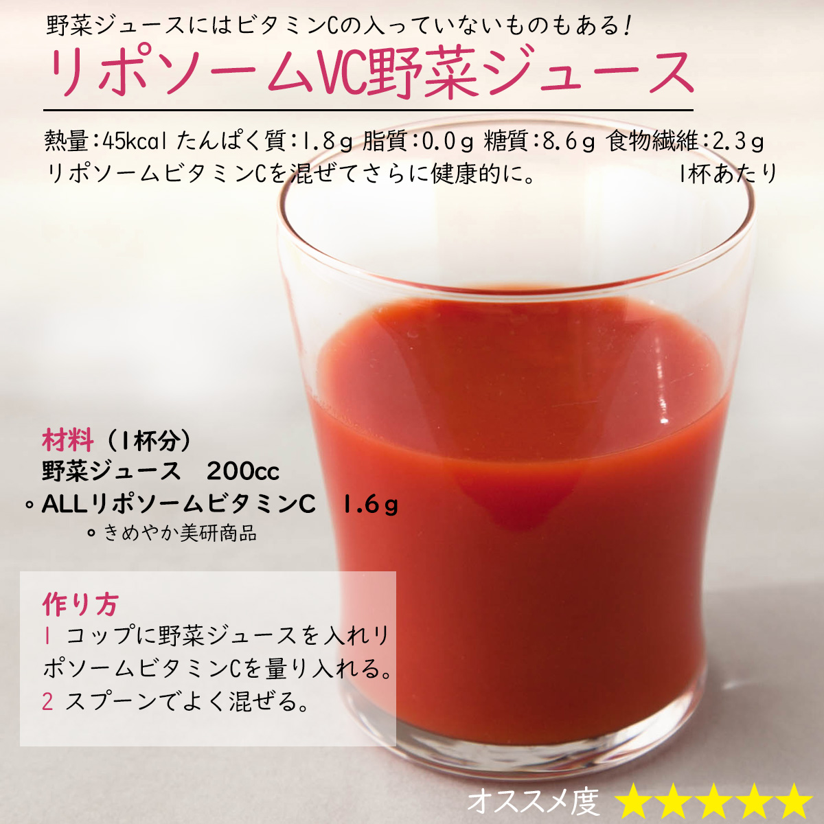 リポソームVC野菜ジュース野菜ジュースにはビタミンCの入っていないものもある! 熱量：45kcal たんぱく質：1.8ｇ 脂質：0.0ｇ 糖質：8.6ｇ 食物繊維：2.3ｇ 1杯あたりリポソームビタミンCを混ぜてさらに健康的に。材料（1杯分）野菜ジュース　200ccALLリポソームビタミンC　1.6ｇ作り方1 コップに野菜ジュースを入れリポソームビタミンCを測り入れる。2 スプーンでよく混ぜる。　  　