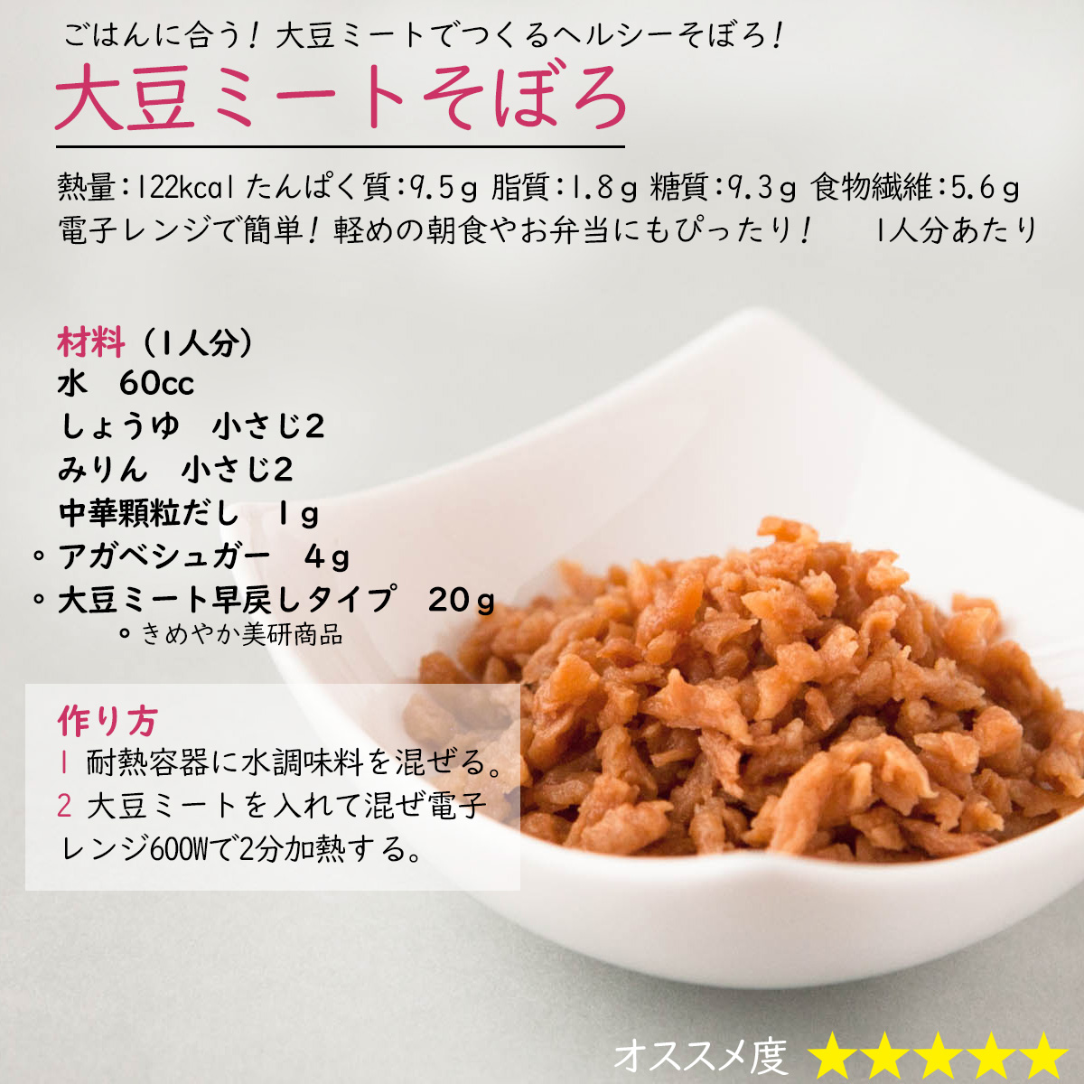 大豆ミートそぼろごはんに合う! 大豆ミートでつくるヘルシーそぼろ!熱量：122kcal たんぱく質：9.5ｇ 脂質：1.8ｇ 糖質：9.3ｇ 食物繊維：5.6ｇ 1人分あたり電子レンジで簡単! 軽めの朝食やお弁当にもぴったり!材料（1人分）水　60ccしょうゆ　小さじ2みりん　小さじ2中華顆粒だし　1ｇアガベシュガー　4ｇ大豆ミート早戻しタイプ　20ｇ　　。きめやか美研商品作り方1 耐熱容器に水調味料を混ぜる。2 大豆ミートを入れて混ぜ電子レンジ600Wで2分加熱する。